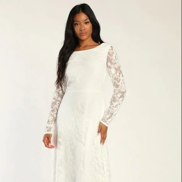 Long Sleeve Lace Lulus Ivory Lace Dress Lulus Blissful Romantic White Lace  Backless Long Sleeve Maxi